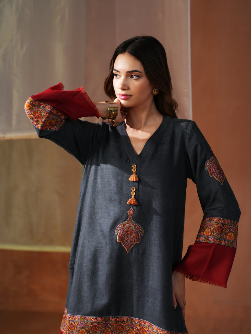GREY AND RED PASHMINA SHORT KURTA WITH SALWAR AND STOLE