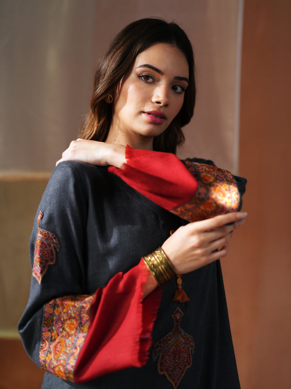 GREY AND RED PASHMINA SHORT KURTA WITH SALWAR AND STOLE