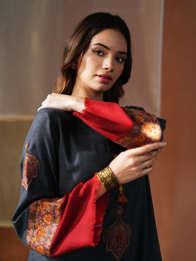 GREY AND RED PASHMINA SHORT KURTA WITH SALWAR AND STOLE