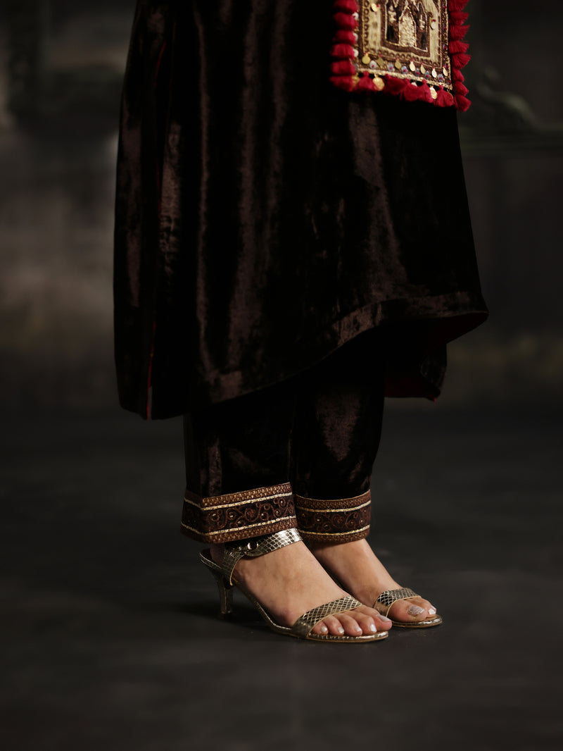 Dark Brown Velvet Long Yoke Asymmetrical Kurta with Pant and Dupatta- Set of 3