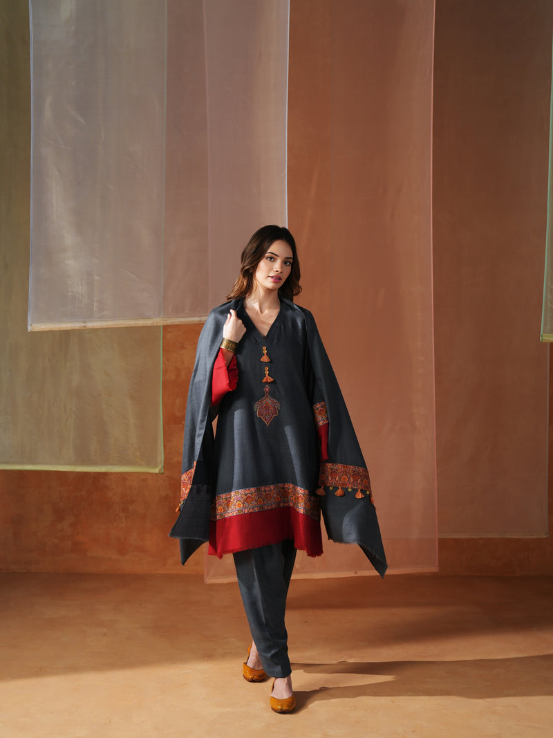 GREY AND RED PASHMINA SHORT KURTA WITH SALWAR AND STOLE