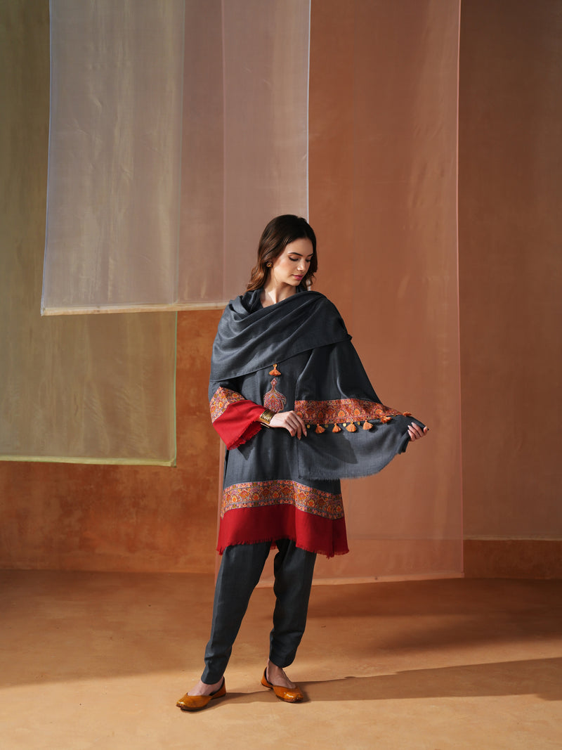 GREY AND RED PASHMINA SHORT KURTA WITH SALWAR AND STOLE