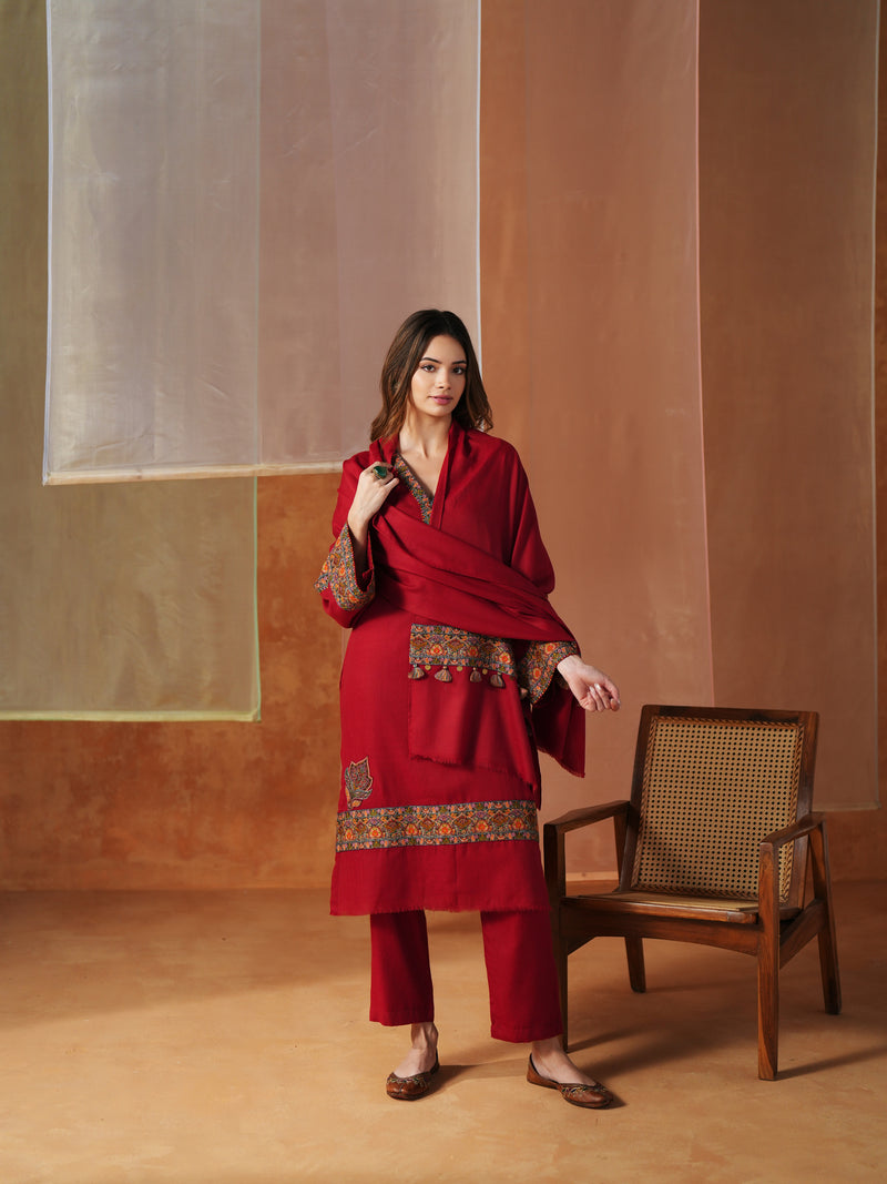 RED PASHMINA STRAIGHT KURTA WITH PANT AND STOLE