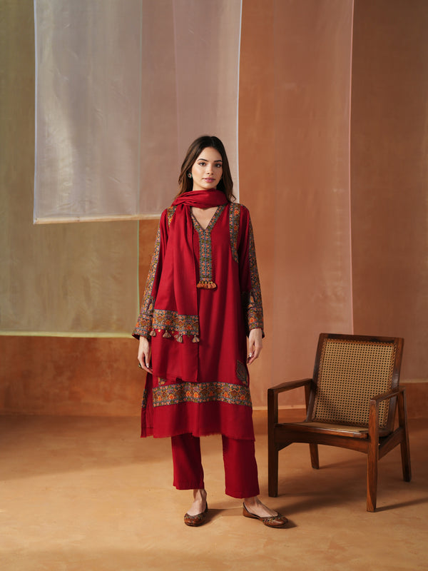 RED PASHMINA STRAIGHT KURTA WITH PANT AND STOLE