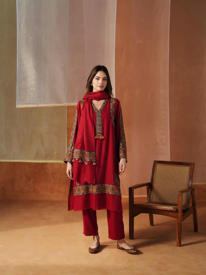 RED PASHMINA STRAIGHT KURTA WITH PANT AND STOLE