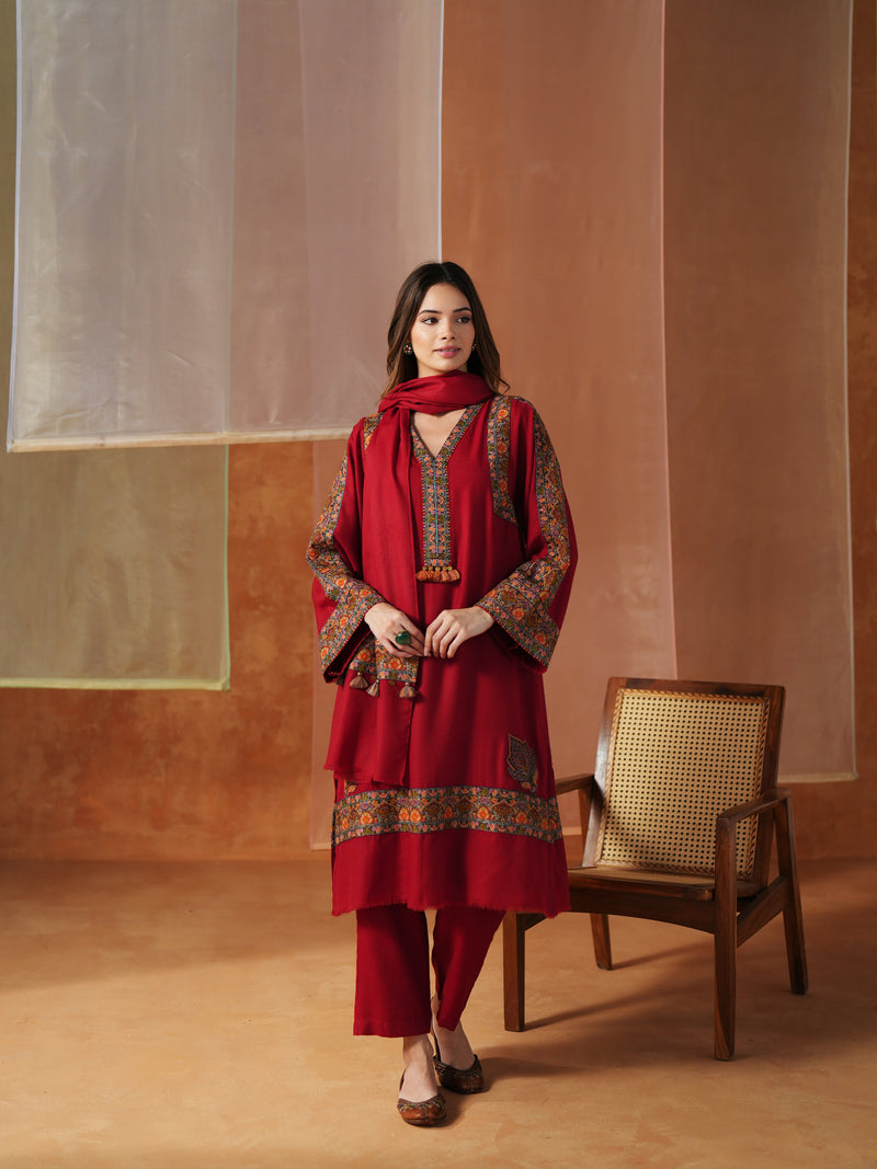 RED PASHMINA STRAIGHT KURTA WITH PANT AND STOLE