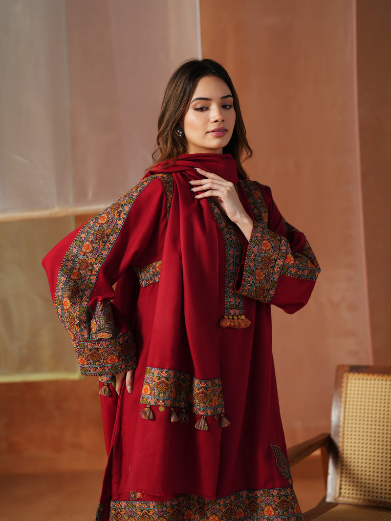 RED PASHMINA STRAIGHT KURTA WITH PANT AND STOLE