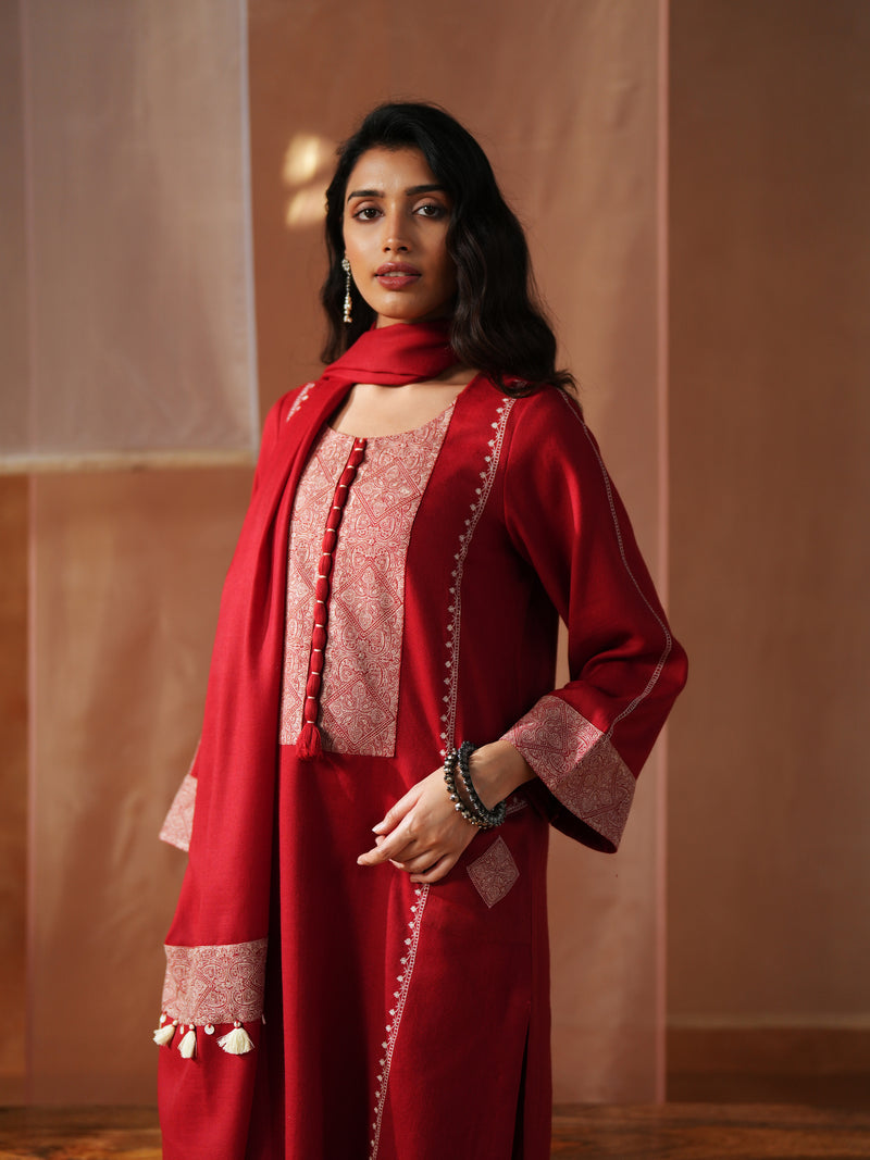 RED AND OFFWHITE PASHMINA STRAIGHT KURTA WITH POCKET,PANT AND STOLE