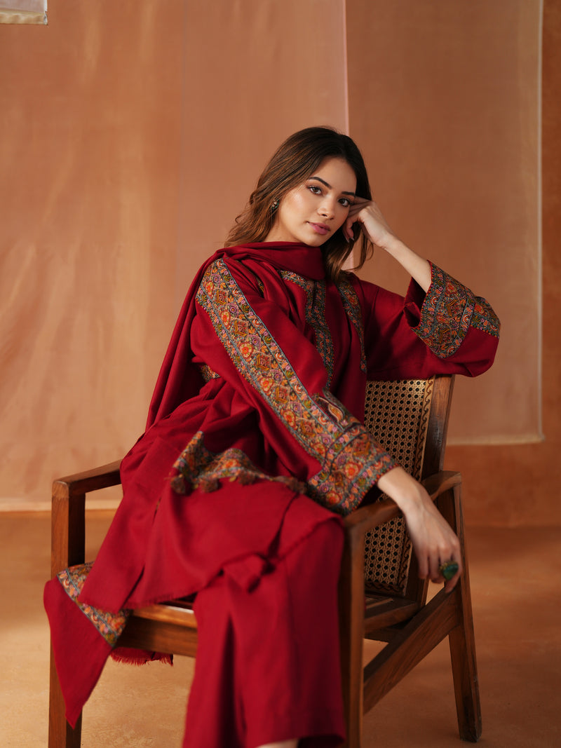 RED PASHMINA STRAIGHT KURTA WITH PANT AND STOLE