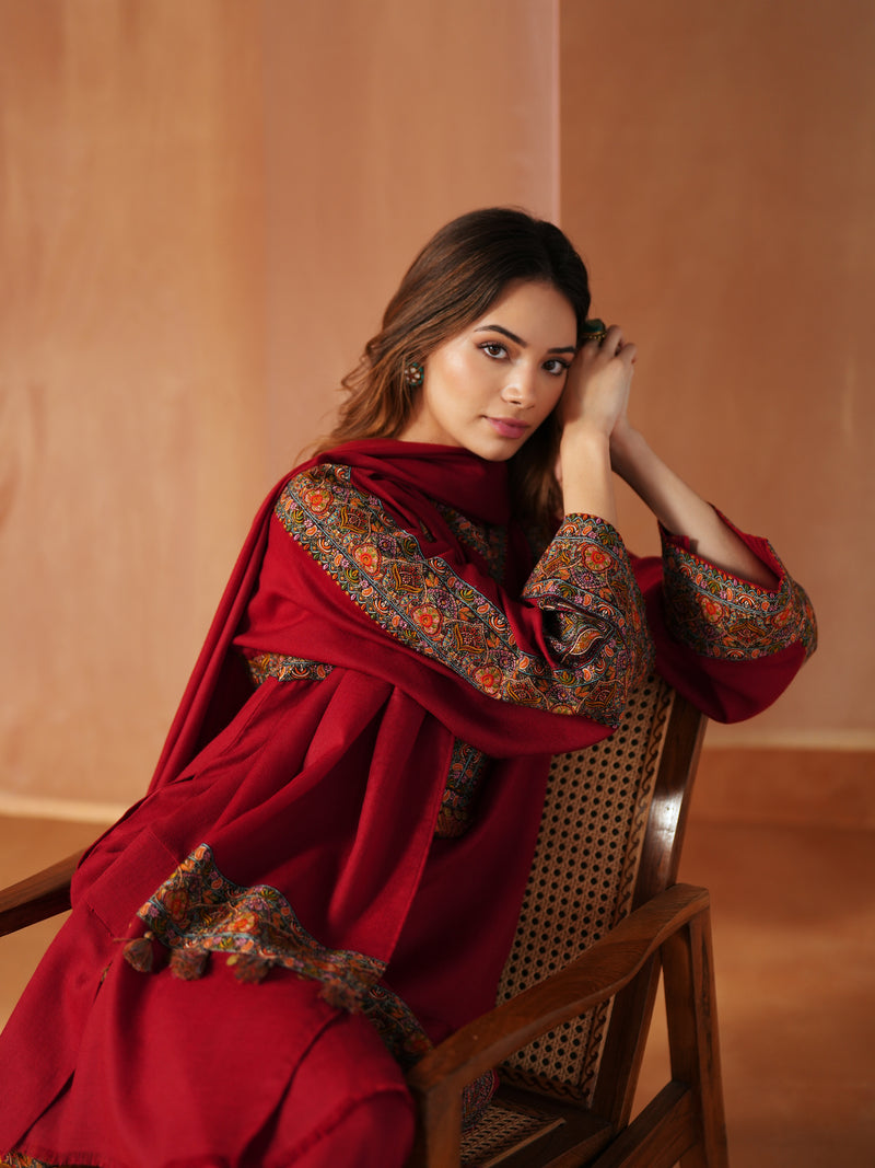 RED PASHMINA STRAIGHT KURTA WITH PANT AND STOLE