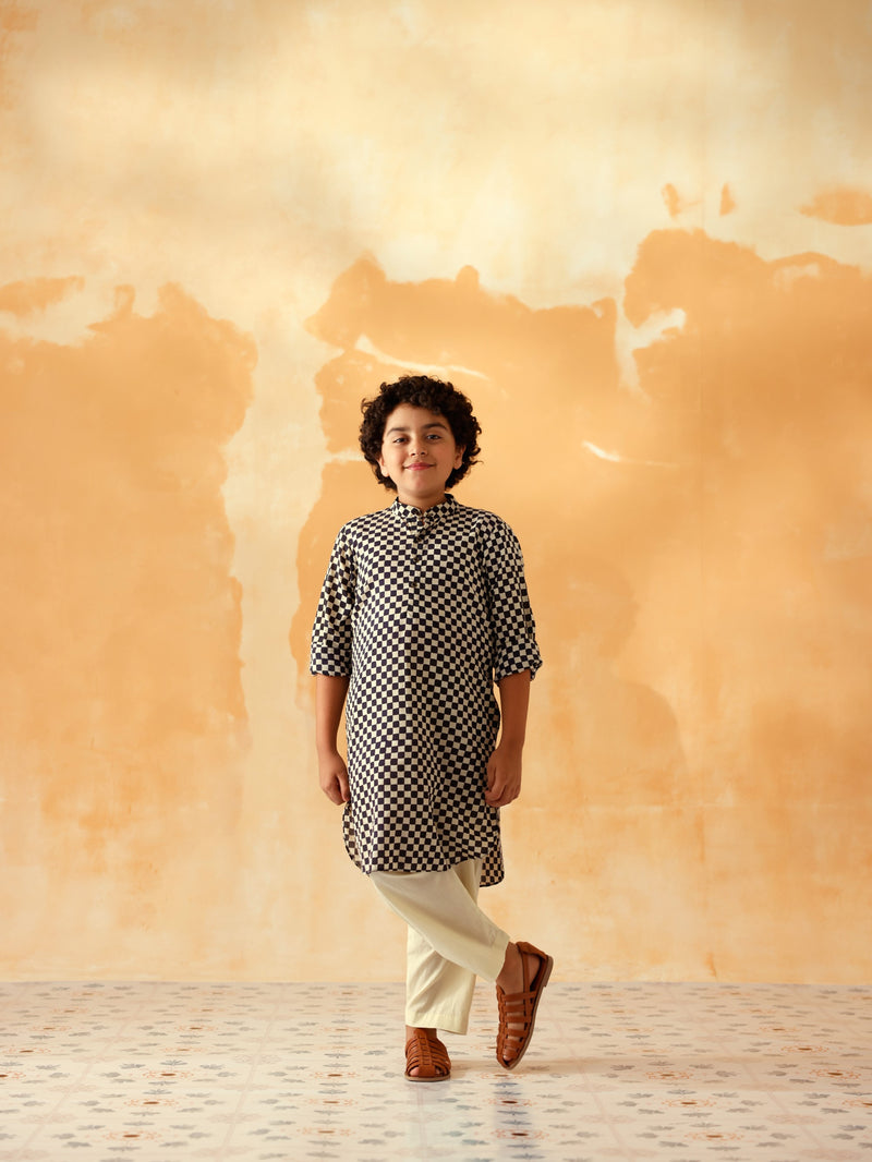 BLACK AND BEIGE CHECKERED BOYS KURTA SET - SET OF 2