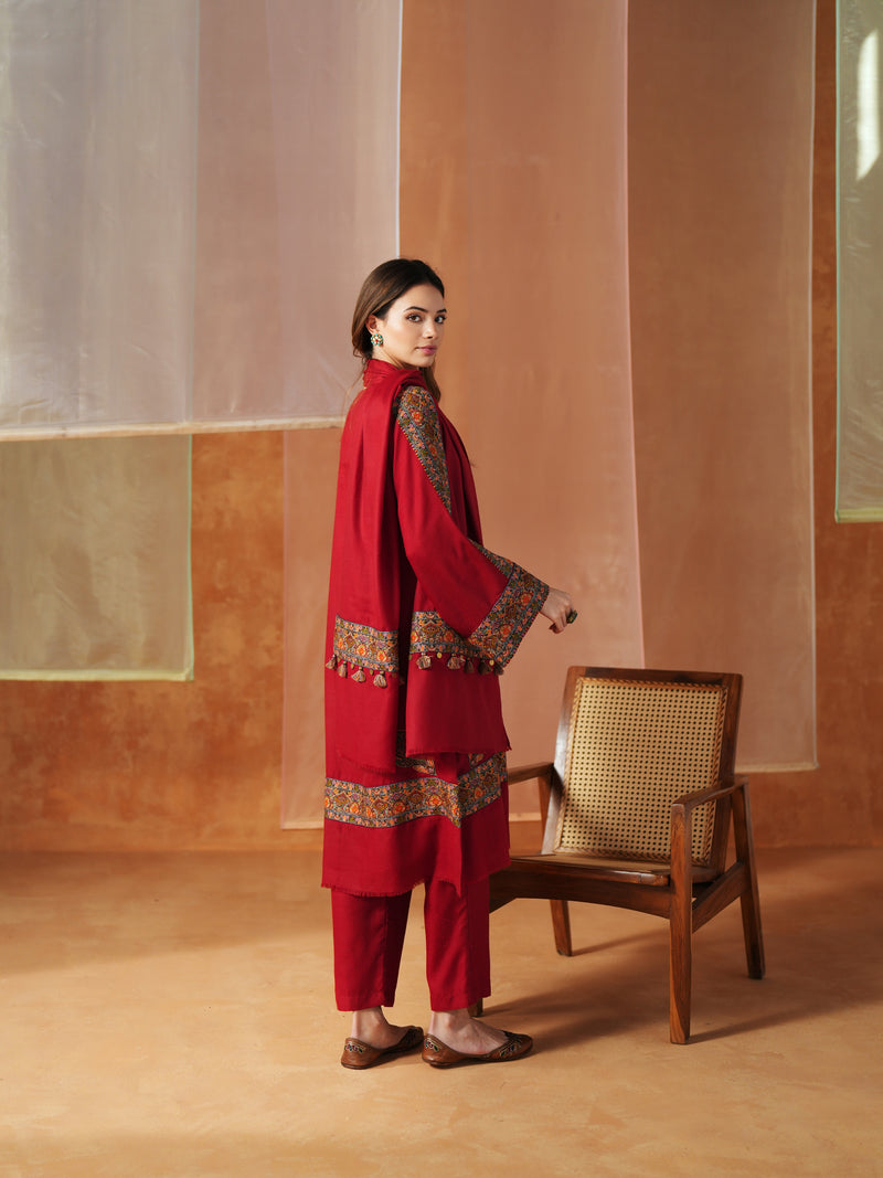 RED PASHMINA STRAIGHT KURTA WITH PANT AND STOLE