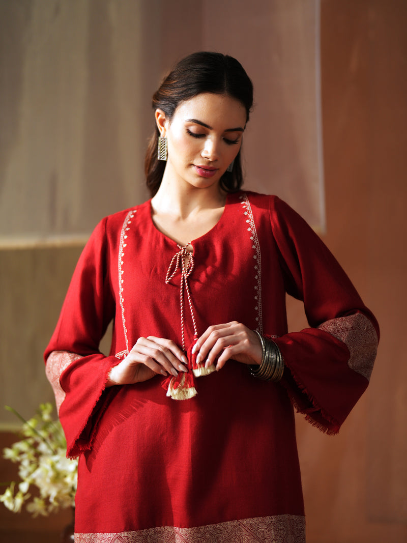 RED AND WHITE FRONT TIE-UP SHORT KURTA WITH SALWAR AND STOLE