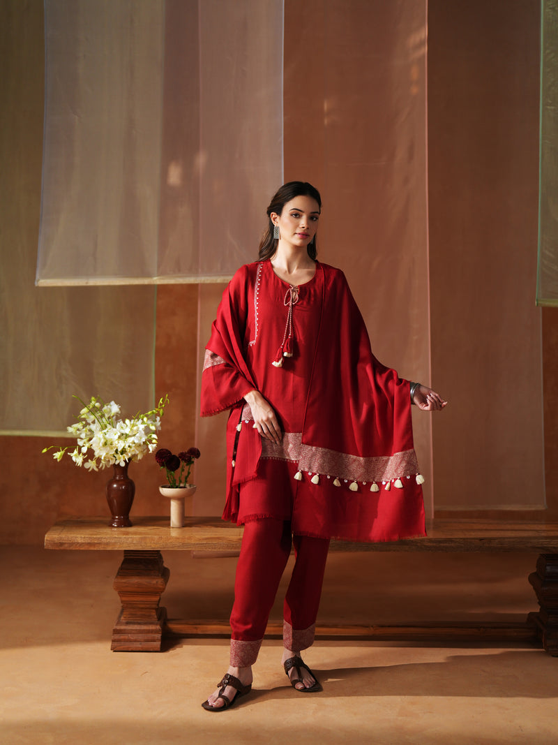 RED AND WHITE FRONT TIE-UP SHORT KURTA WITH SALWAR AND STOLE
