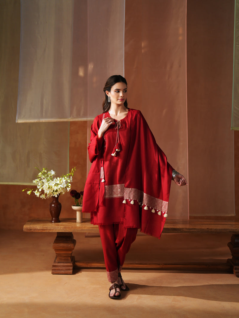 RED AND WHITE FRONT TIE-UP SHORT KURTA WITH SALWAR AND STOLE