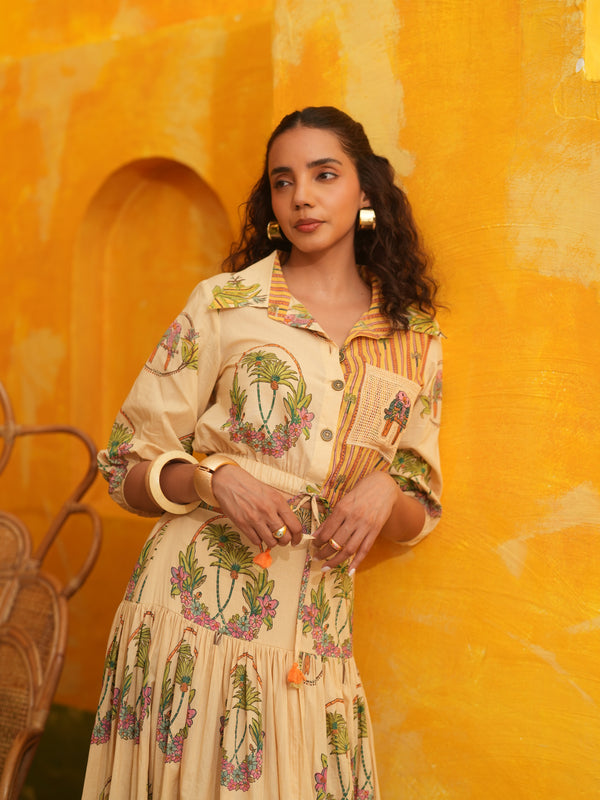 CORAL PEACH PALM PARADISE CROPPED SHIRT & SKIRT SET - SET OF 2