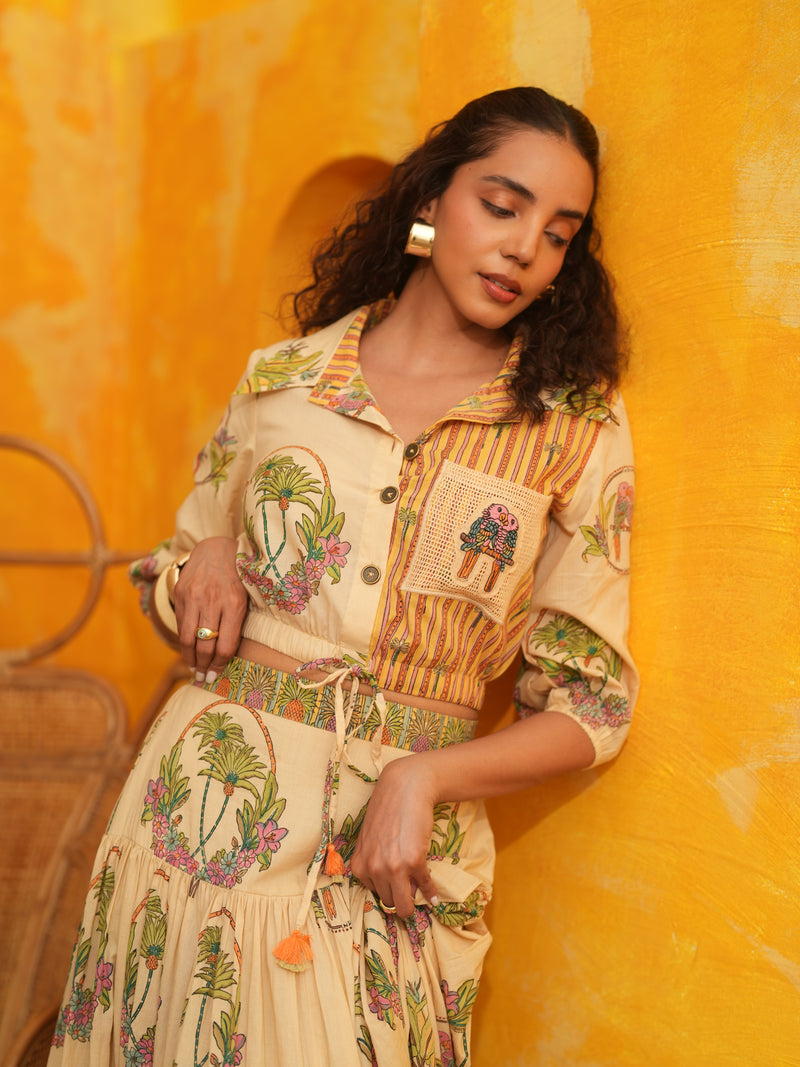 CORAL PEACH PALM PARADISE CROPPED SHIRT & SKIRT SET - SET OF 2