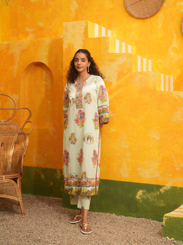 COOL MINT TROPICAL BLOOM STRAIGHT LONG KURTA SET - SET OF 2