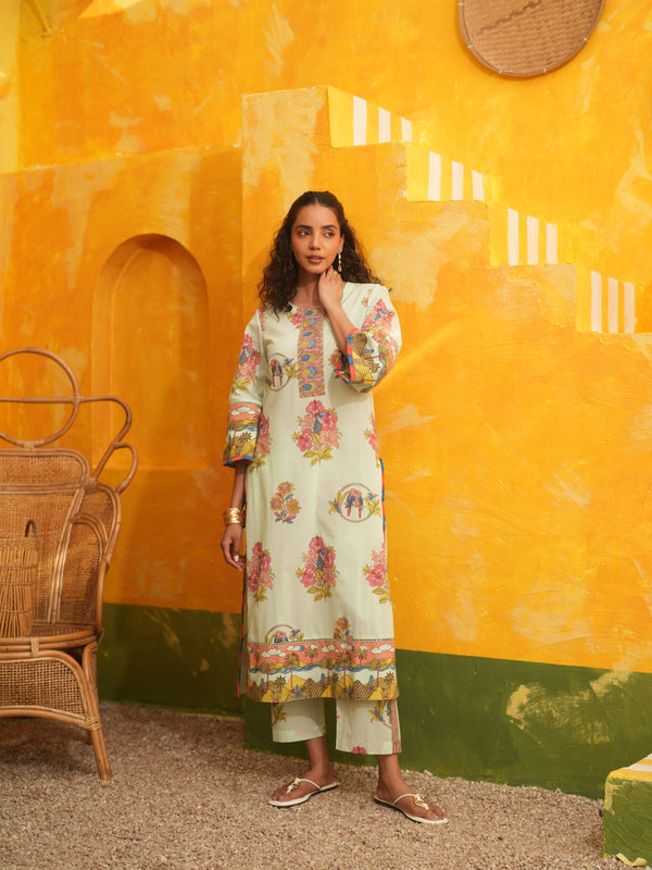 COOL MINT TROPICAL BLOOM STRAIGHT LONG KURTA SET - SET OF 2