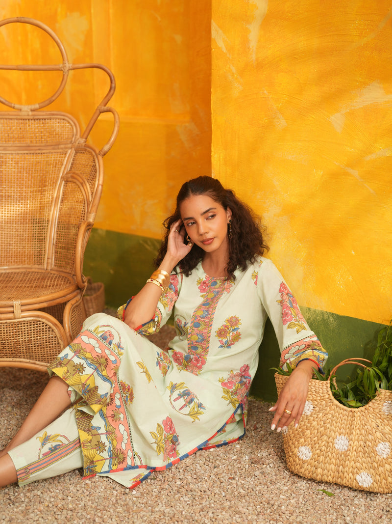 COOL MINT TROPICAL BLOOM STRAIGHT LONG KURTA SET - SET OF 2