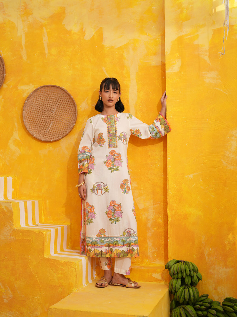 OFF WHITE TROPICAL BLOOM STRAIGHT LONG KURTA SET - SET OF 2