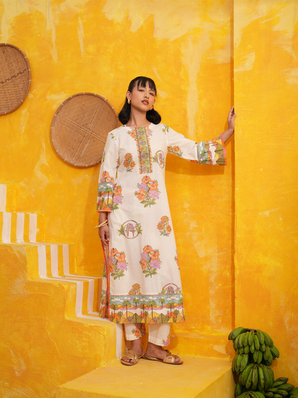 OFF WHITE TROPICAL BLOOM SHORT KURTA WITH TULIP SALWAR SET - SET OF 2