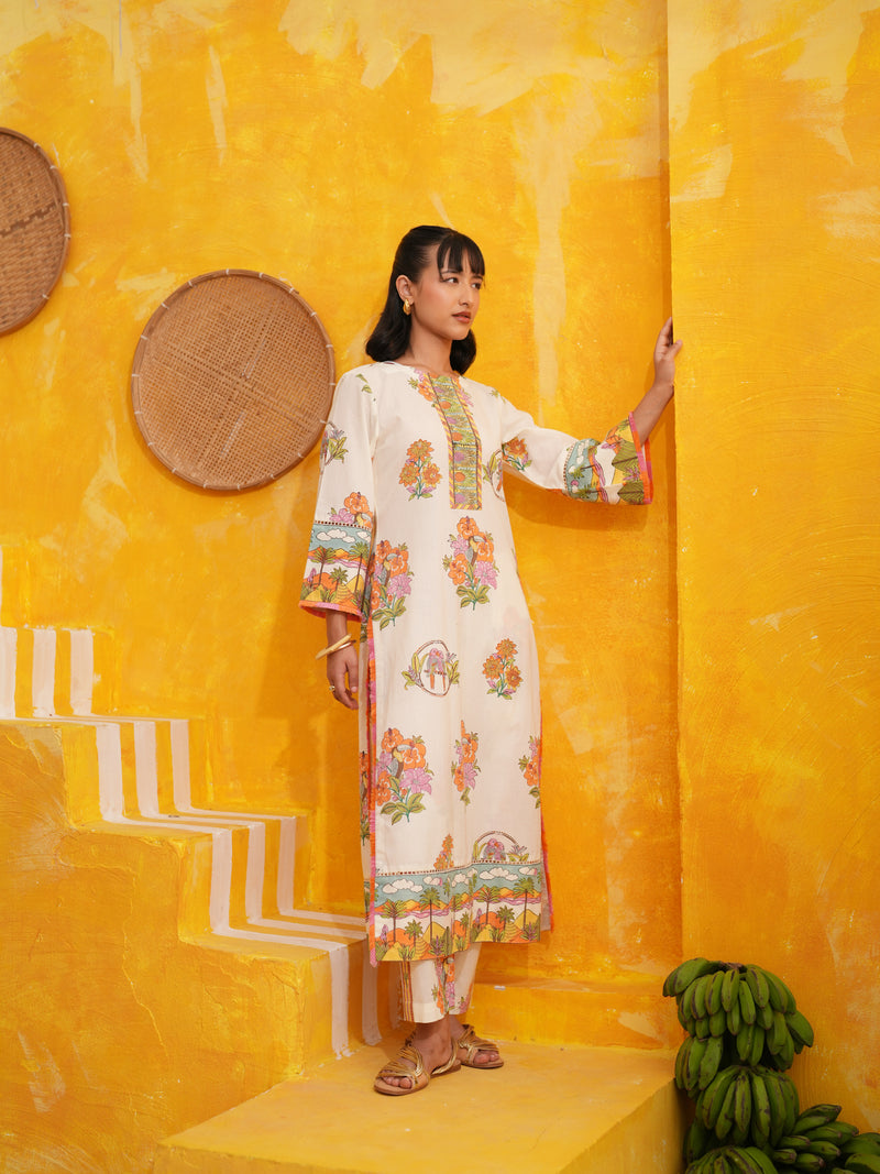 OFF WHITE TROPICAL BLOOM STRAIGHT LONG KURTA SET - SET OF 2
