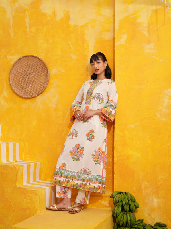 OFF WHITE TROPICAL BLOOM SHORT KURTA WITH TULIP SALWAR SET - SET OF 2
