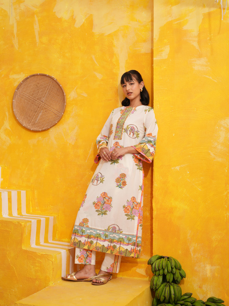 OFF WHITE TROPICAL BLOOM STRAIGHT LONG KURTA SET - SET OF 2