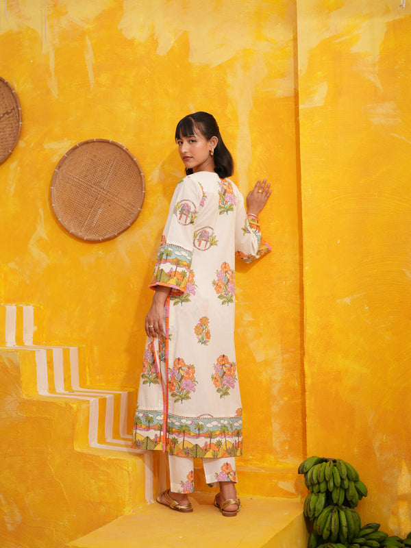 OFF WHITE TROPICAL BLOOM STRAIGHT LONG KURTA SET - SET OF 2