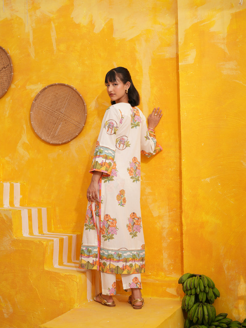 OFF WHITE TROPICAL BLOOM STRAIGHT LONG KURTA SET - SET OF 2