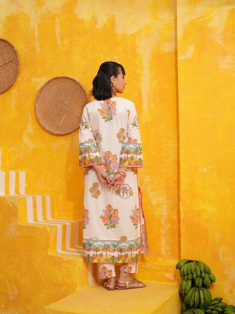 OFF WHITE TROPICAL BLOOM STRAIGHT LONG KURTA SET - SET OF 2