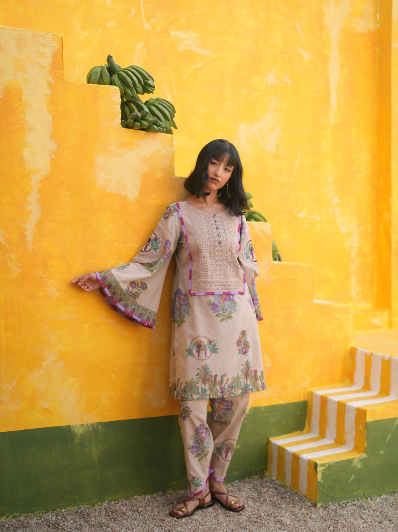 DUSTY LILAC TROPICAL BLOOM SHORT KURTA WITH TULIP SALWAR SET - SET OF 2