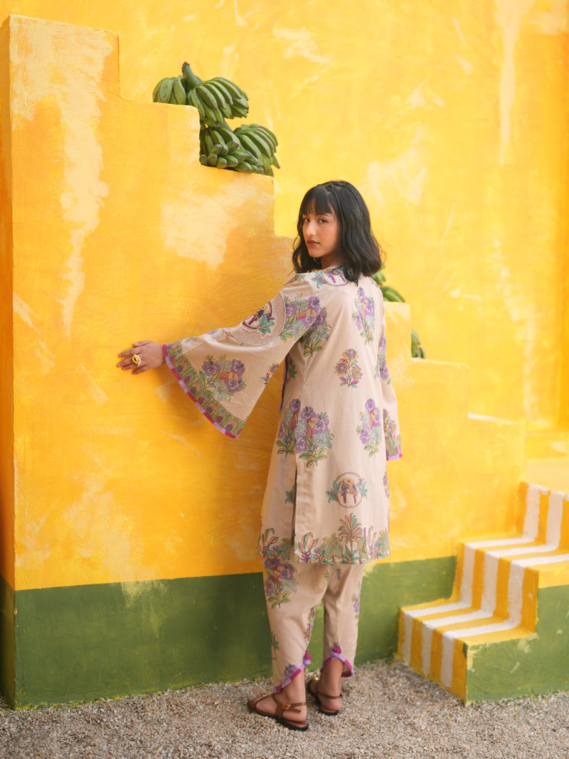 DUSTY LILAC TROPICAL BLOOM SHORT KURTA WITH TULIP SALWAR SET - SET OF 2