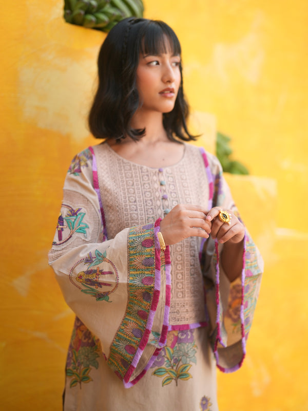 DUSTY LILAC TROPICAL BLOOM SHORT KURTA WITH TULIP SALWAR SET - SET OF 2
