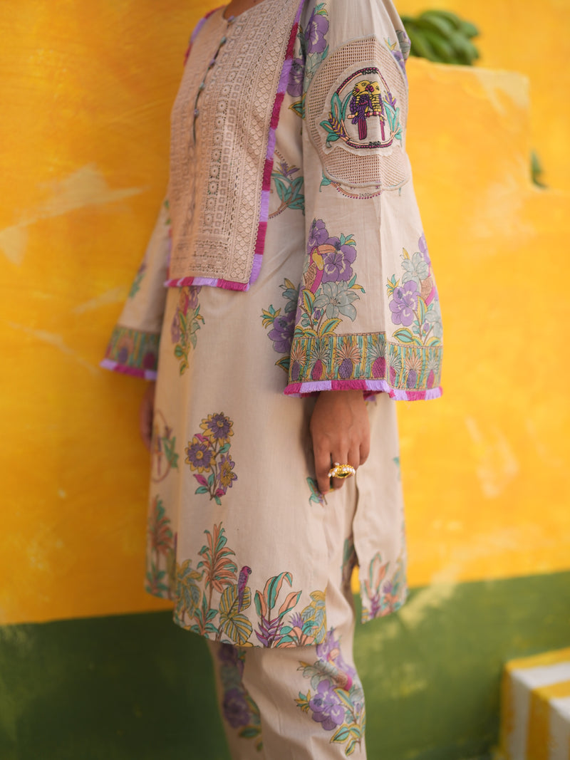 DUSTY LILAC TROPICAL BLOOM SHORT KURTA WITH TULIP SALWAR SET - SET OF 2