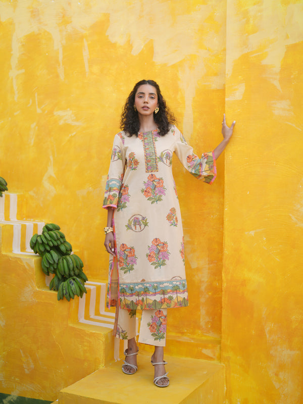 CORAL PEACH TROPICAL BLOOM STRAIGHT LONG KURTA SET - SET OF 2