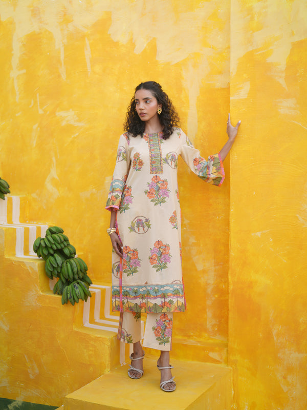 CORAL PEACH TROPICAL BLOOM STRAIGHT LONG KURTA SET - SET OF 2