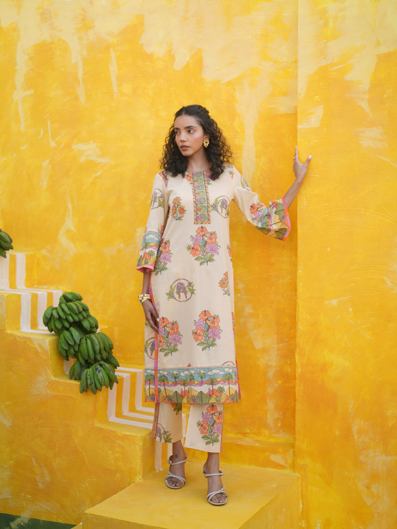 CORAL PEACH TROPICAL BLOOM STRAIGHT LONG KURTA SET - SET OF 2