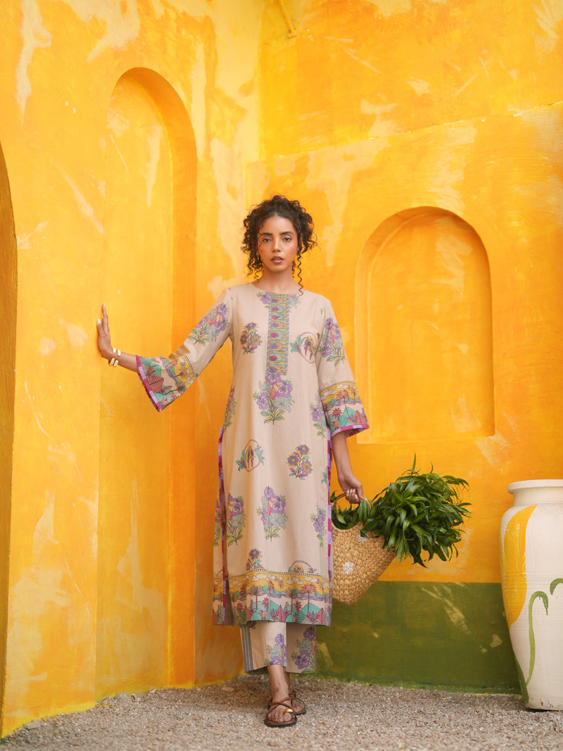 DUSTY LILAC TROPICAL BLOOM STRAIGHT LONG KURTA SET - SET OF 2