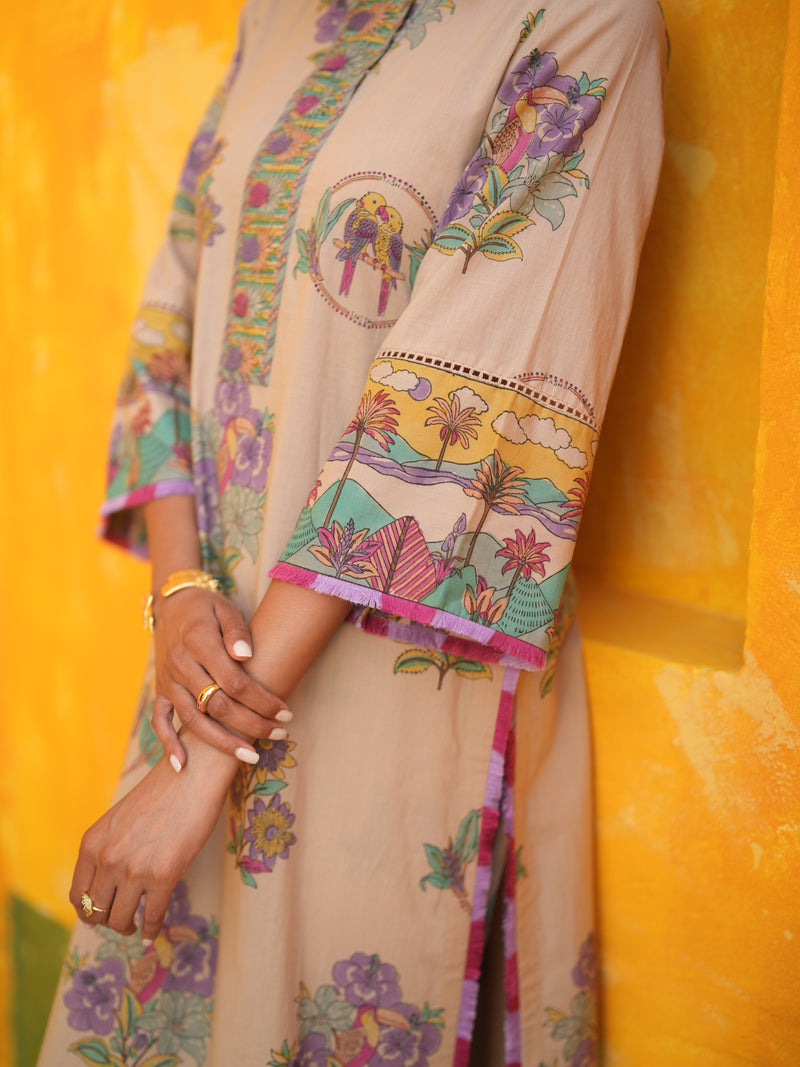 DUSTY LILAC TROPICAL BLOOM STRAIGHT LONG KURTA SET - SET OF 2