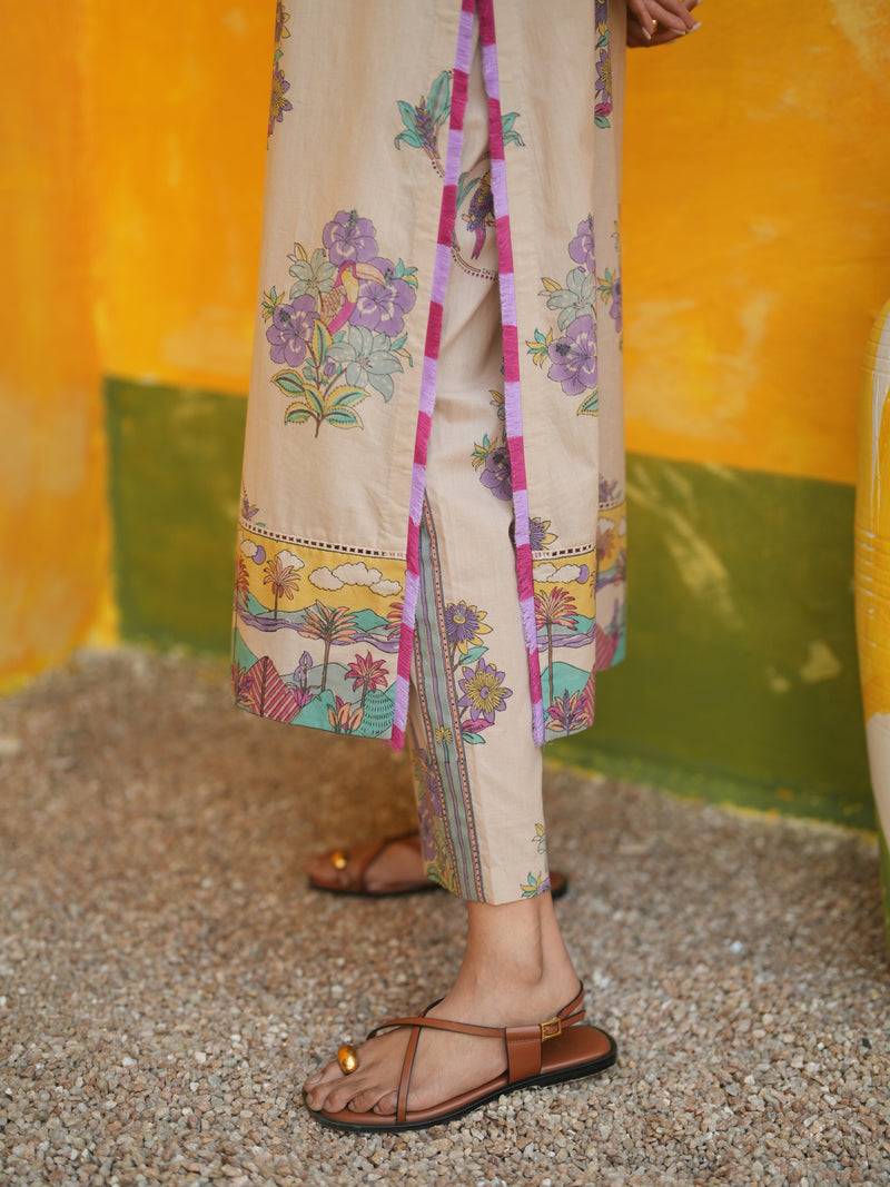 DUSTY LILAC TROPICAL BLOOM STRAIGHT LONG KURTA SET - SET OF 2