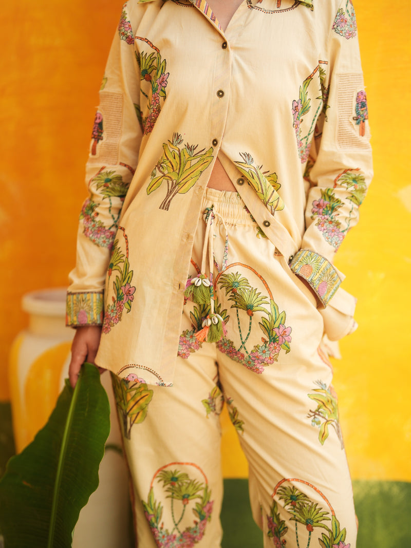 CORAL PEACH PALM PARADISE SHIRT AND PANT CO-ORD SET - SET OF 2