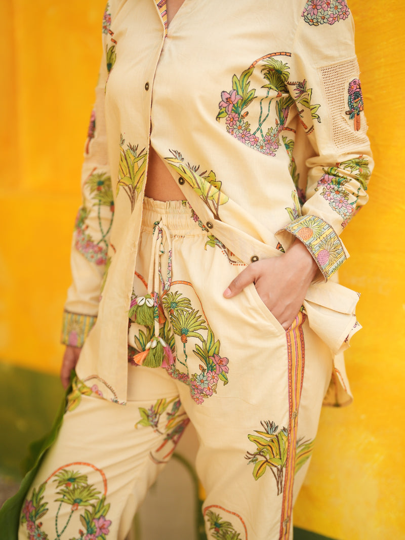 CORAL PEACH PALM PARADISE SHIRT AND PANT CO-ORD SET - SET OF 2