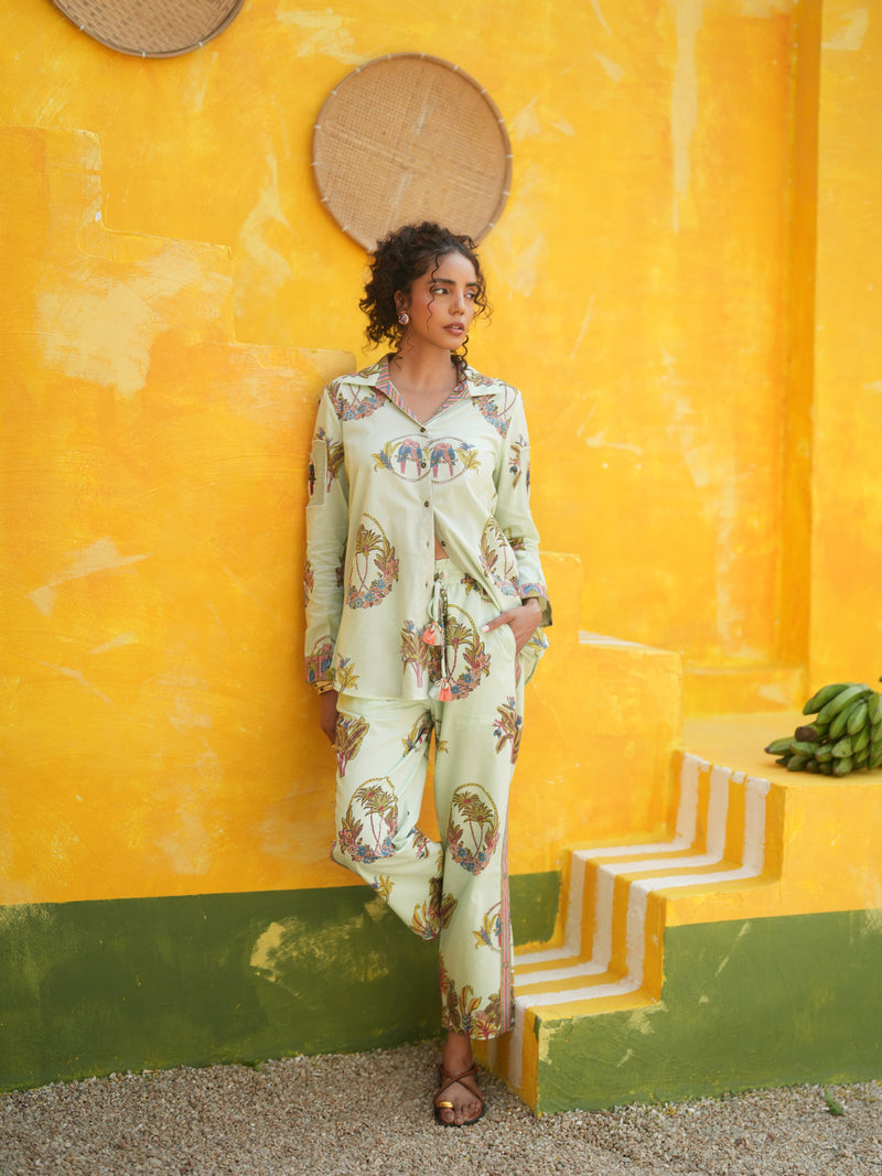 COOL MINT PALM PARADISE SHIRT AND PANT CO-ORD SET - SET OF 2
