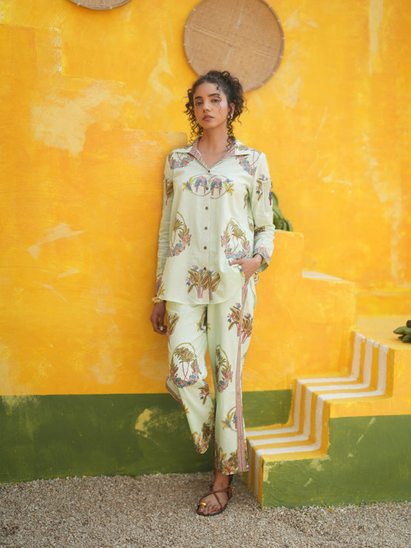 COOL MINT PALM PARADISE SHIRT AND PANT CO-ORD SET - SET OF 2