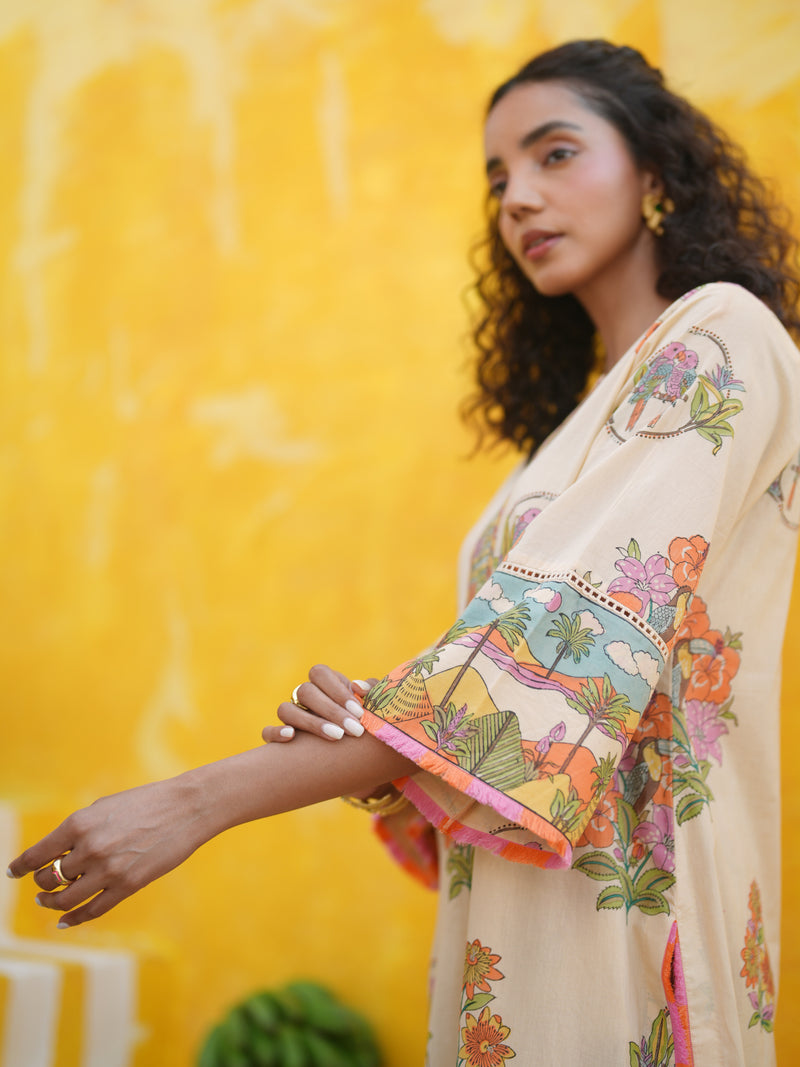 CORAL PEACH TROPICAL BLOOM STRAIGHT LONG KURTA SET - SET OF 2