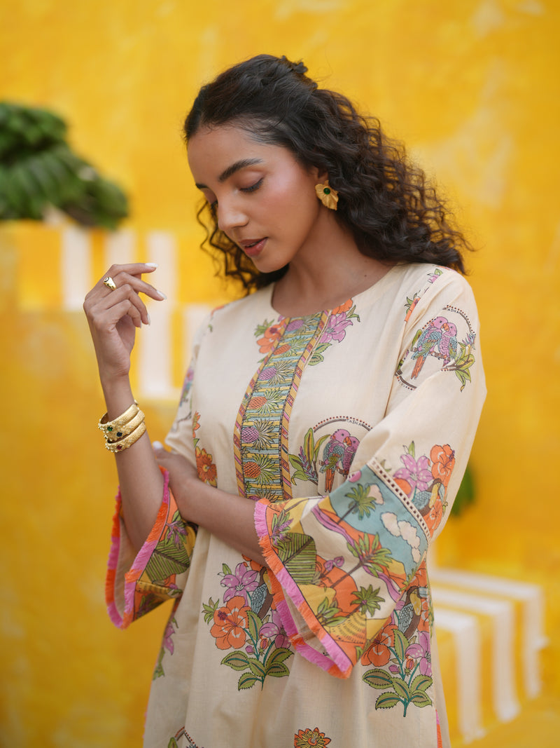 CORAL PEACH TROPICAL BLOOM STRAIGHT LONG KURTA SET - SET OF 2