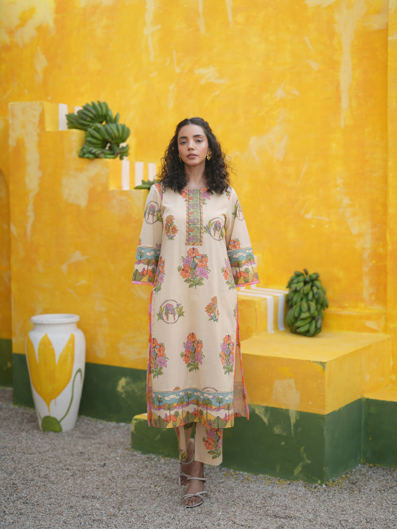 CORAL PEACH TROPICAL BLOOM STRAIGHT LONG KURTA SET - SET OF 2