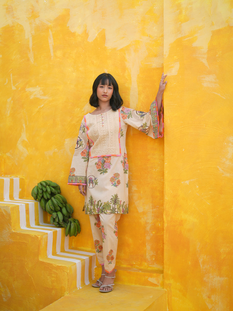 CORAL PEACH TROPICAL BLOOM SHORT KURTA WITH TULIP SALWAR SET- SET OF 2